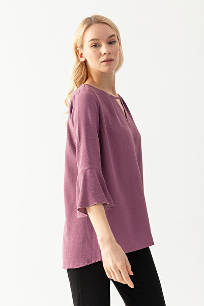 EtkiModa Γυναικείο Dusty Rose Drop γιακάς μισό μανίκι Loose Cut Aerobin Tunic