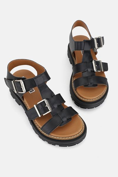 TUNAELLİ WOMEN'S BLACK GENUINE NATURAL LEATHER SHORT HEELED BUCKLE SANDALS