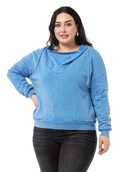 DISENTIS MODEST Plus Size Degaje Guler Guler Buzunar Hanorac Pictat Trei Fire Albastru
