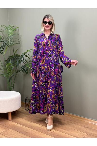 NUR TEKSTİL kadın mor pamuklu viskon yakalı yaka kısmı düğmeli uzun kol  boyd...