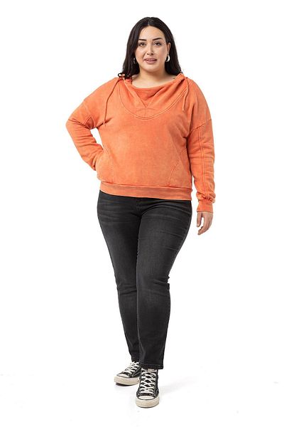 DISENTIS MODEST Plus Size Degaje Guler Guler Buzunar Hanorac Vopsit Trei Fire Portocaliu