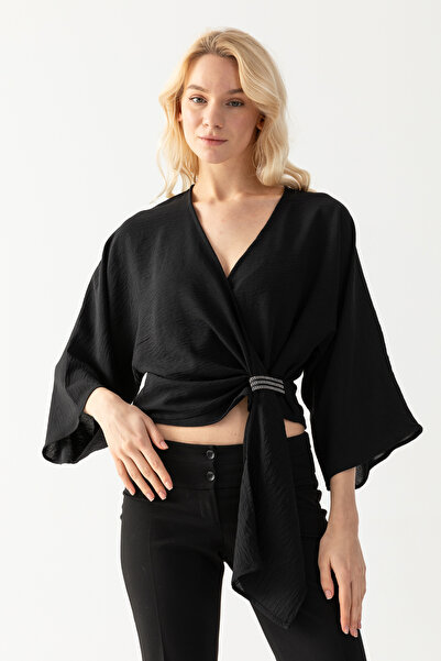 EtkiModa Γυναικείο μαύρο τουνίκ με διπλό γιακά και μισό μανίκι, χαλαρή εφαρμο...
