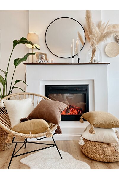 Hestia Home Kırlent Kılıfı Yastık Kılıfı Püsküllü Keten 3'lü Set Krem Kahvere...