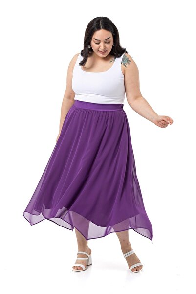 DISENTIS MODEST Plus Size Asymmetrical Cut Lined Purple Chiffon Skirt
