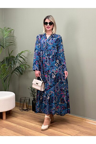 NUR TEKSTİL kadın mavi pamuklu viskon yakalı yaka kısmı düğmeli uzun kol  boy...