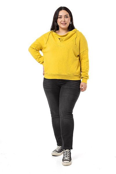 DISENTIS MODEST Plus Size Degaje Guler Guler Buzunar Hanorac Pictat Trei Fire Muștar