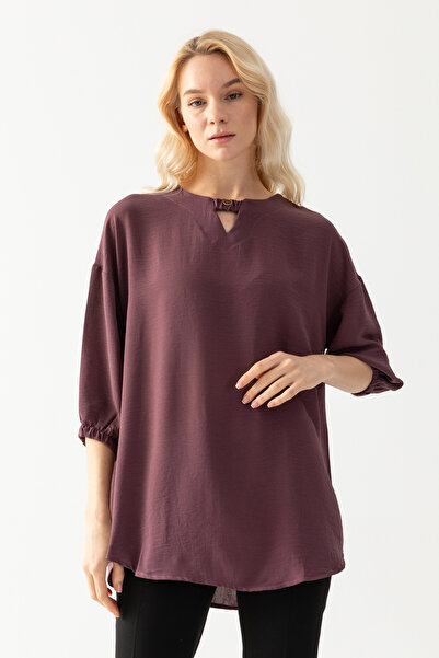 EtkiModa Γυναικείο Dusty Rose με κουμπιά με λεπτομέρεια μανίκια με μισό μανίκι Loose Cut Aerobin Tunic