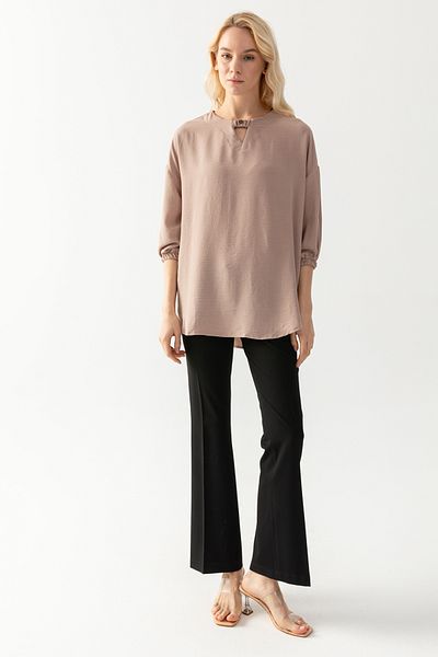 EtkiModa Γυναικείο μπισκότο γιακά με κουμπιά με λεπτομέρεια μανίκια με κορδόνι μισό μανίκι Loose Cut Aerobin Tunic