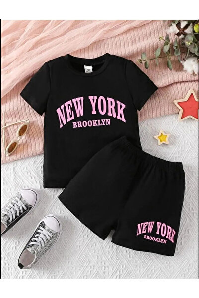 Pelna طقم شورت أسود موديل تريند للأطفال من القطن المطبوع في نيويورك