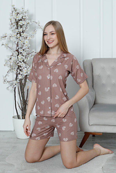 Wordex Mr 1202 Lycra Pegasus υφασμάτινο σορτς με κουμπιά γυναικεία σετ πιτζάμες καρδιά