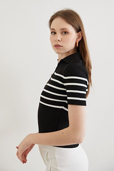 Lusin Women's Black Polo Collar Striped Thin Knitwear Blouse