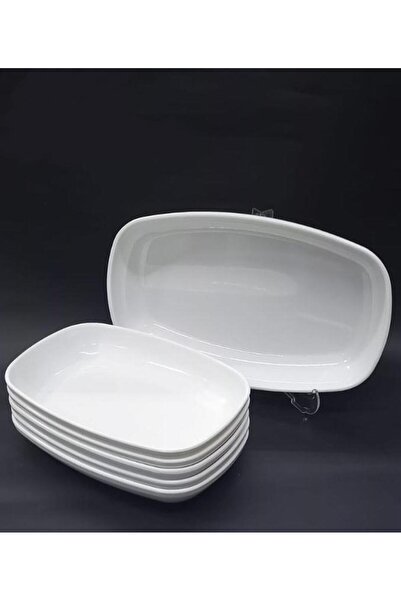 abnturk 3 Adet Beyaz Melamin Kayık Tabak 28x18cm Büyük Boy Salata Tabağı Günl...