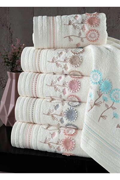 Fiesta 50x90 cm Coral 3D Brodat 100% Curl Alb 6 piese Set prosoape de fata