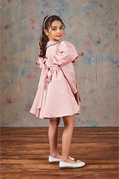 PİXİNADELUXE Uzun Kollu Bebe Yaka Balon Omuzlu Fiyonklu Detaylı Çocuk Elbisesi