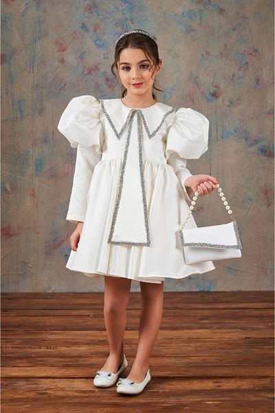 PİXİNADELUXE Baby Collar and Balloon Shoulder Bow Detailed Long Sleeve Children's Dress