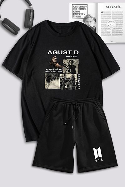 macklin Unisex Γυναικείες ανδρικές φόρμες Agust D BTS με τυπωμένο ειδικό σχέδιο υπερμεγέθη μπλουζάκι και σορτς