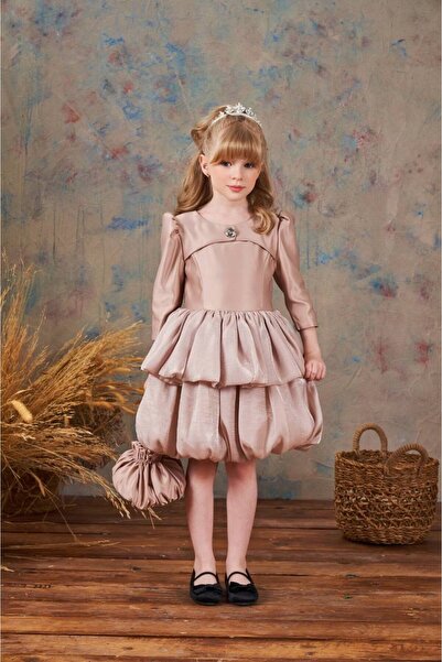 PİXİNADELUXE Yarım Kollu Çantalı Bol Etek Detaylı Kısa Çocuk Elbise