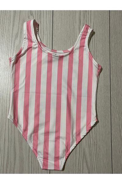 Pamuk şekeri çocuk giyim Pink Striped Girl's Swimsuit - Patterned Color