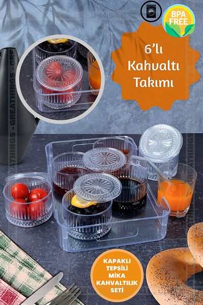 Greathings Round Crystal Acrylic Mica Breakfast Set with 6 Trays and Lids (Not Glass)