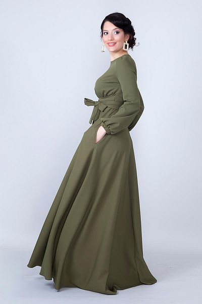 lovebox Stretchy Fabric Sash Pocket Detail Round Neck Long Sleeve Waist Smocked Maxi Length Khaki Evening Dress 352