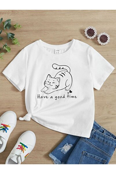 MAGORS Stretching Cat Printed Crew Neck Cotton Unisex Teen and Children T-shirt
