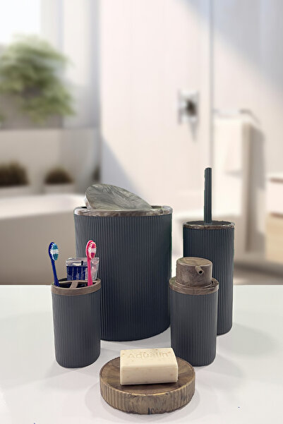 BİLTAŞ PLASTİK Auaro 5 Parça Gri Çizgili Kahverengi Akrilik Desenli Yuvarlak 5'li Banyo Seti