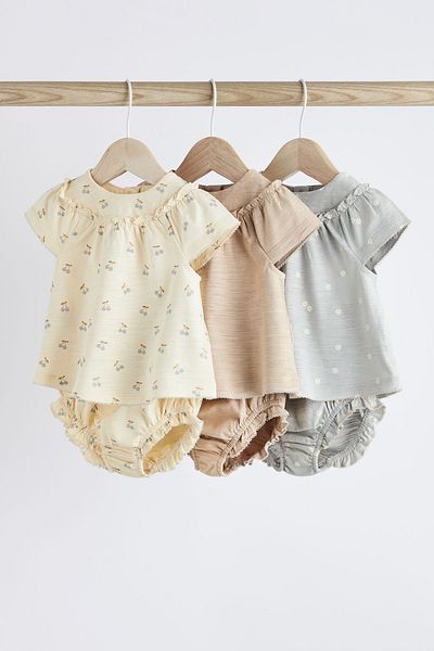Next Baby 100% Cotton Beige Gray Floral Patterned Short Sleeve 3-Piece Top and Bottom Set