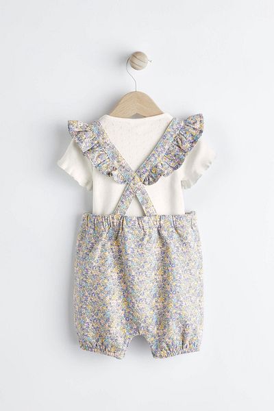 Next Baby Cream Blue Floral Patterned Bow Detail 100% Cotton Short Sleeve Salopet Bodysuit Set