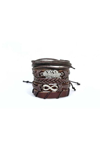 BSN Store Brown Genuine Leather Bracelet Set of 5 - Infinity and Leaf Figures