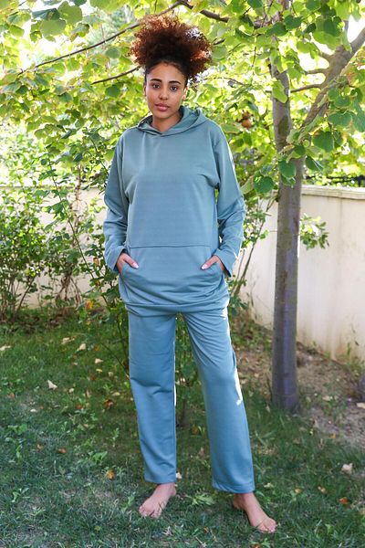 Akbeniz BSMA Fashion Line Γυναικεία βαμβακερή κουκούλα με τσέπη 3 νήματα πράσινη φόρμα 9037