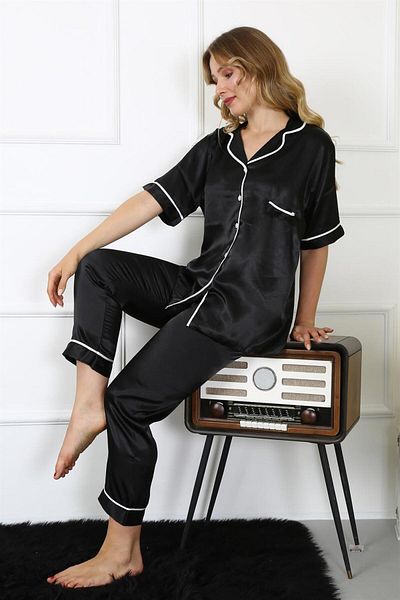 Akbeniz Set pijamale cu dungi din satin negru de marime plus - Silks Fashion 10303