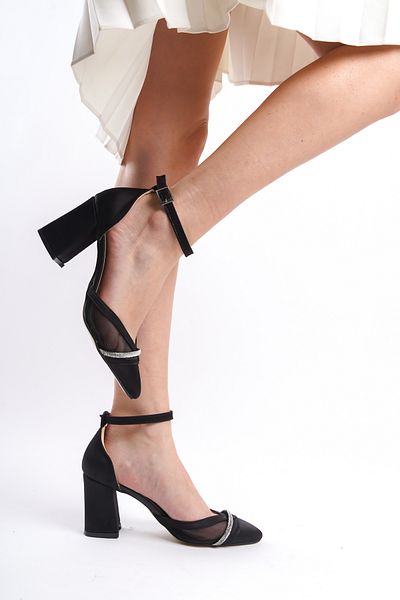 Moda Değirmeni Pantofi cu toc gros din plasă pentru femei din satin negru BG1042-119-0017