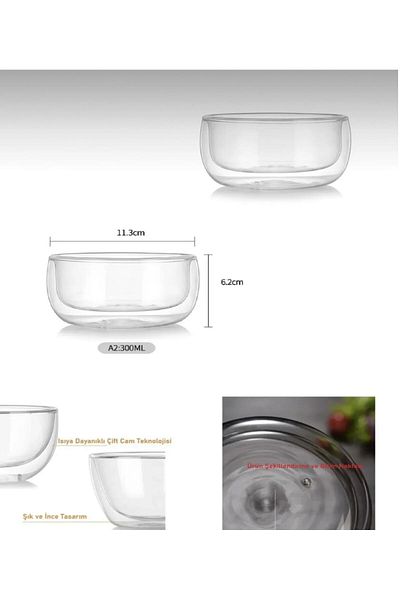 M Mimoza Park Glass Bowl Borosilicate Glass Double Wall Soup Dessert Bowl 250ml Presentation Bowl 20cm Bowl