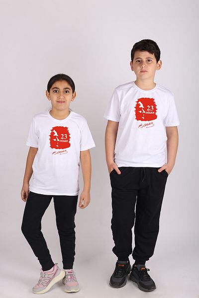 Çiggo Kids April 23 Special Atatürk Signature Printed Short Sleeve Cotton Unisex Children's T-shirt/T-shirt