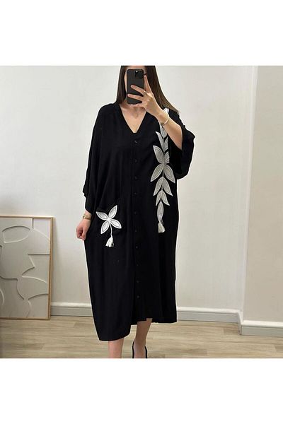 Lavanta Tekstil Rochie cămașă neagră cu broderie din dantelă albă