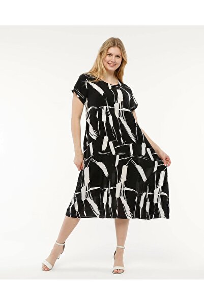 NUR TEKSTİL kadın siyah beyaz  viskon yuvarlak yaka kısa kol cepli  salaş elbise