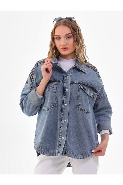 Asist Embroidery Detailed Blue Denim Shirt with Pockets