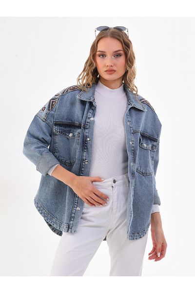 Asist Embroidery Detailed Blue Denim Shirt with Pockets