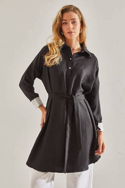 Bianco Lucci Modest Plátěná tunika Sofia - krajkový vzor, dřeňový límec,60181033