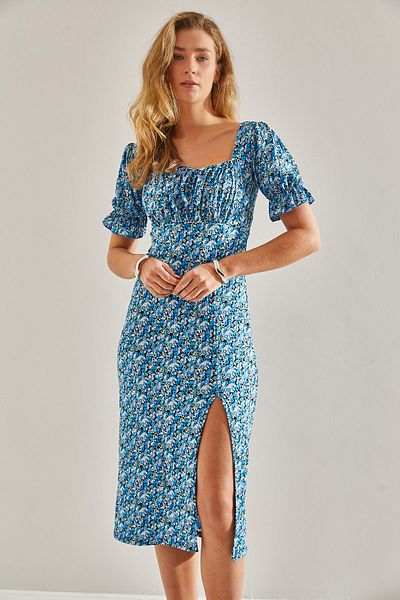Bianco Lucci Γυναικείο φόρεμα με γιακά και γραβάτα Madonna με floral print