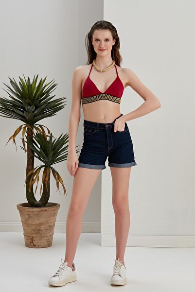sayina Women's Claret Red Ribbon Embroidery Detailed Crop Comfortable Fit Lined Stylish Bikini Top