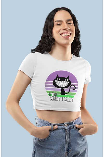 Fuddy Moda I Do, What I Want Written Crop Top, Cute Cat Printed Crop Μπλούζα