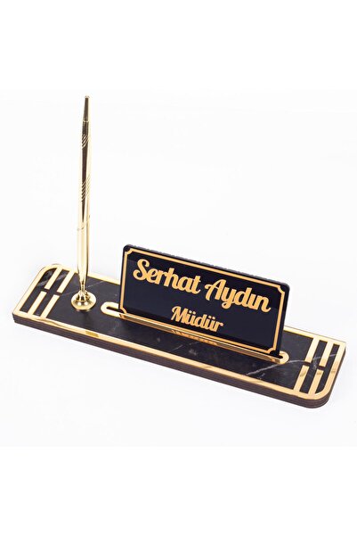 Ofistike Sigma Gold Ahşap Masa İsimliği Kalemli İsimlik Masa Üstü Organizer E...