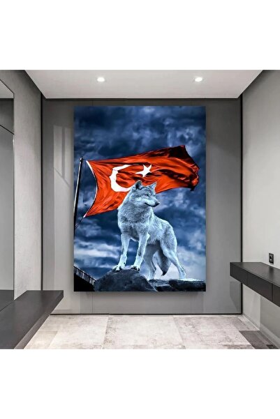 HD Sanatsal ÜRÜNLER KURT VE  DALGALANMIS TÜRK BAYRAK'IMIZ  KANVAS TABLO 2024