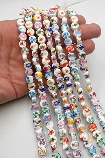 Ebruli Boncuk Yassı Yuvarlak Desenli Boncuk Seramik Takı Yapımı Aksesuar Boncuk Bead (1 Dizi)