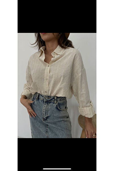 COR Kadın Keten Gömlek Çizgi Detaylı Oversize Gömlek