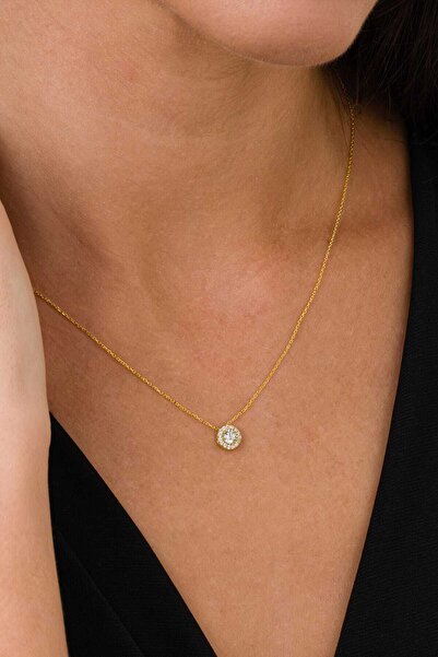 Saena Silver Zirkon Taşlı Gold Tektaş Anturaj Minimal Gümüş Kolye