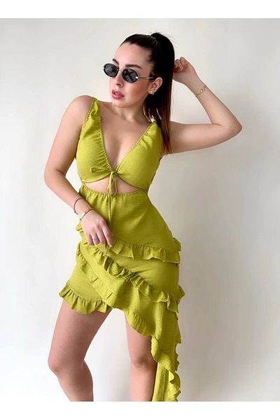 Yenicici MiMi FashionTR Ασύμμετρο Μίνι Λινό Φόρεμα με Λεπτομέρεια βολάν