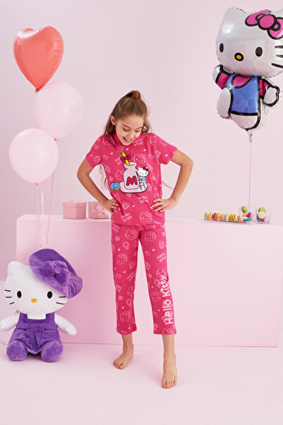 Siyah İnci Hello Kitty Lisanslı %100 Pamuk Pembe Çok Renkli Bisklet Yaka Pijama Takım