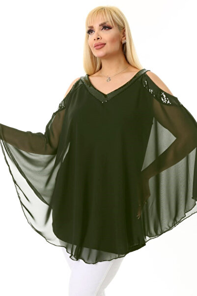 Kheos Cool and Stylish Tulle Chiffon Blouse with Off-Shoulder V-Neck Shoulder and Collar Sequin Sequin Lining